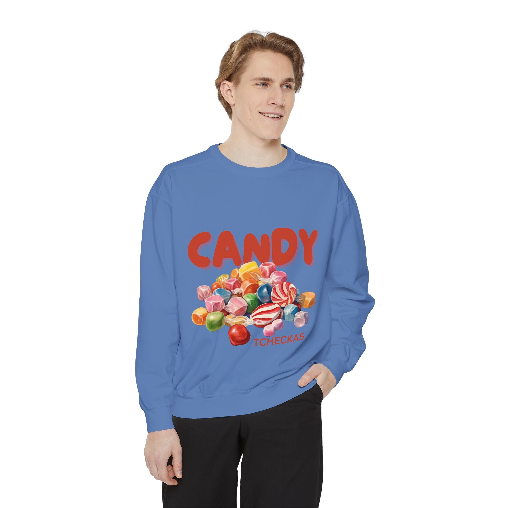 Unisex Candy-Themed Garment-Dyed Sweatshirt - Perfect for Sweet Celebrations!