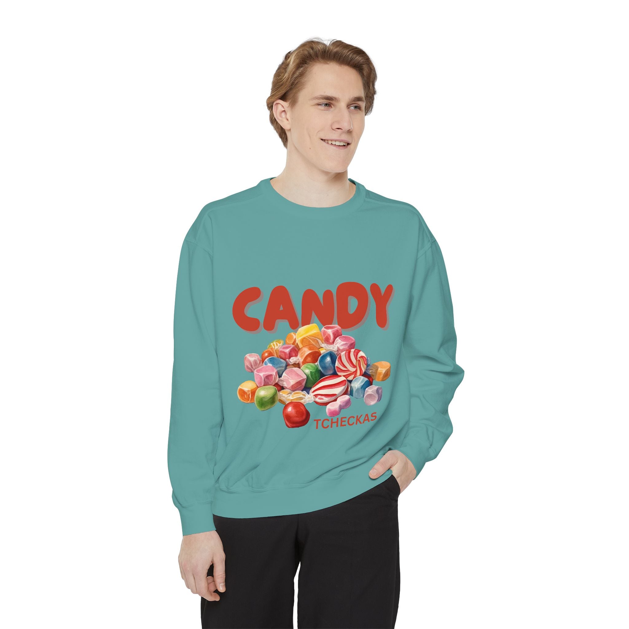 Unisex Candy-Themed Garment-Dyed Sweatshirt - Perfect for Sweet Celebrations!