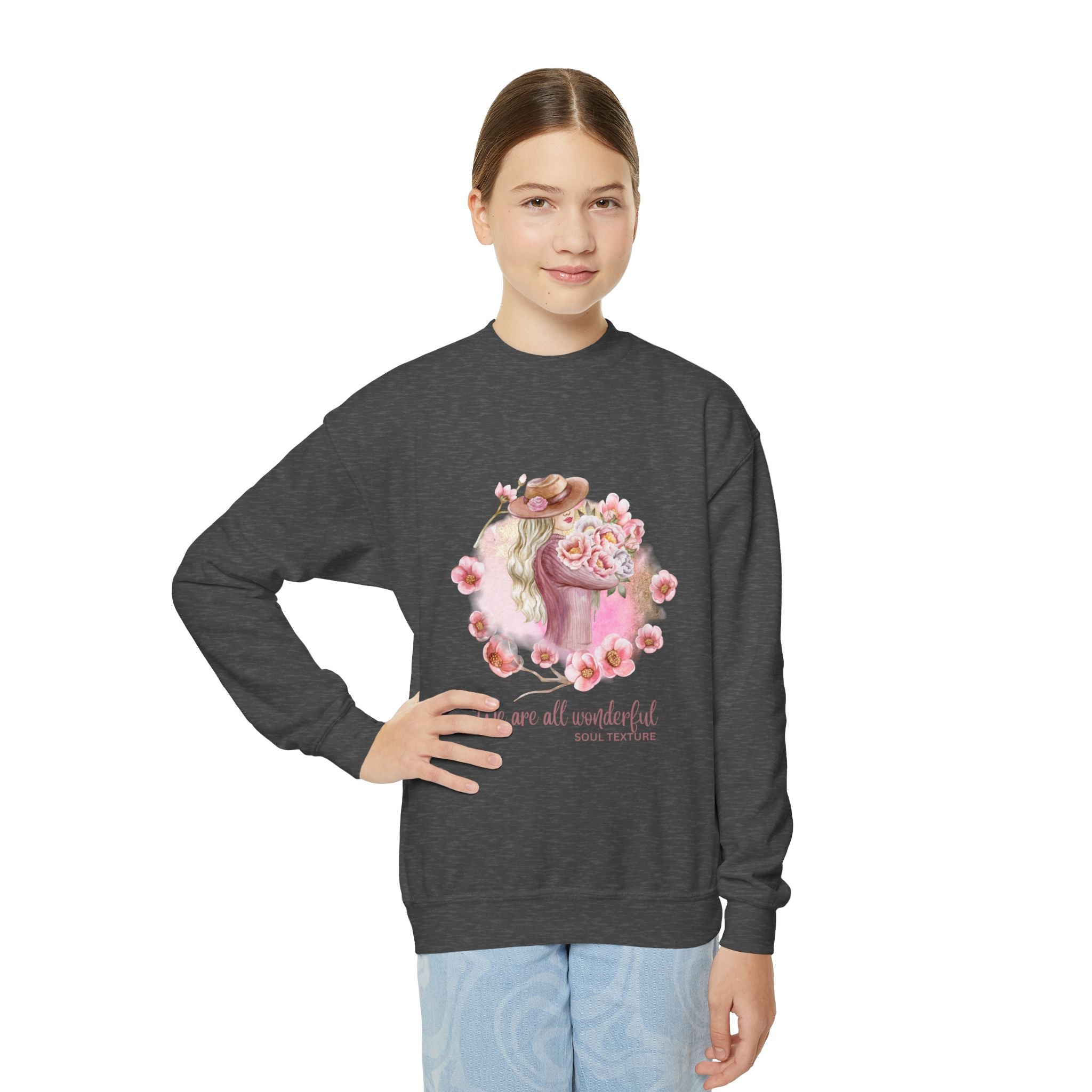 Youth Crewneck Sweatshirt - "We Are All Wonderful" Floral Design