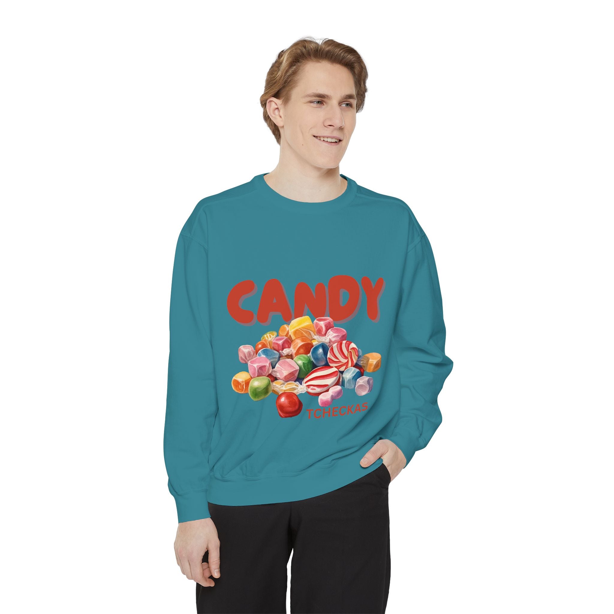 Unisex Candy-Themed Garment-Dyed Sweatshirt - Perfect for Sweet Celebrations!