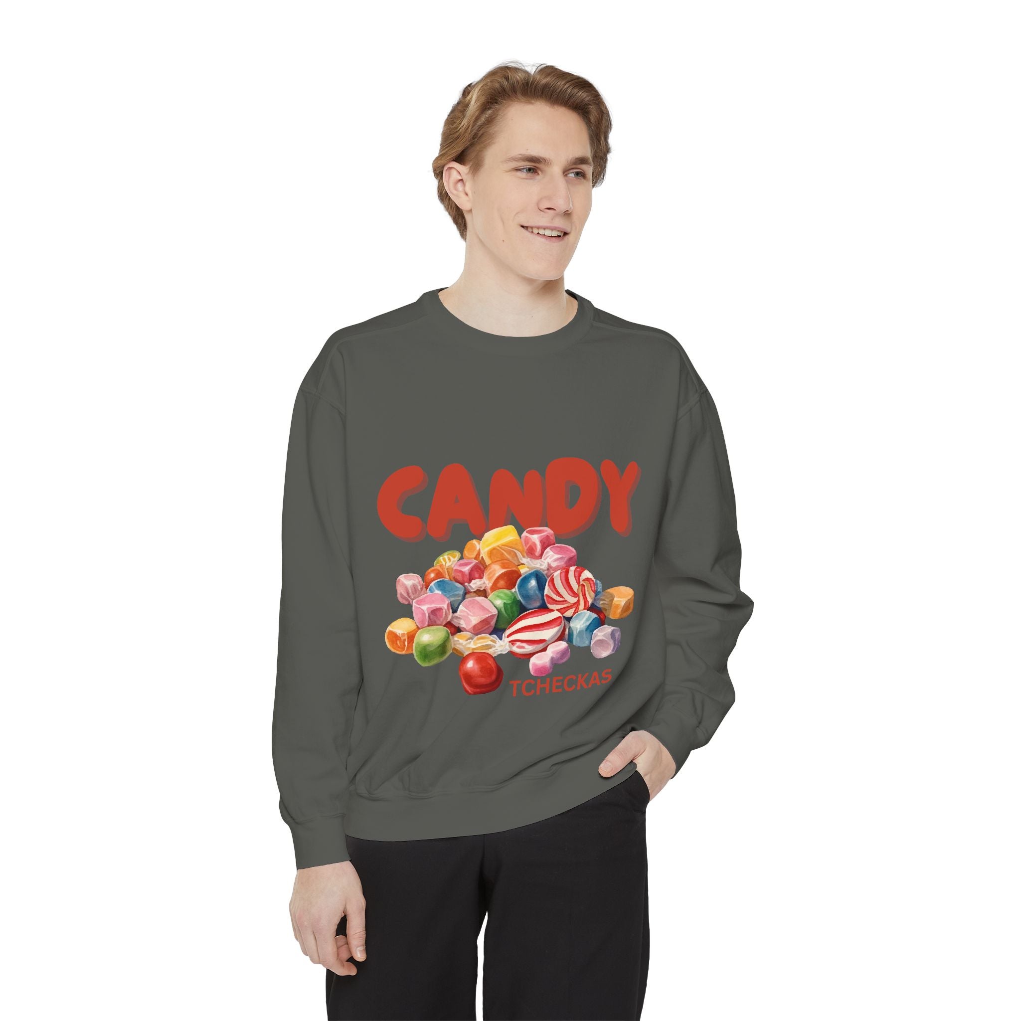 Unisex Candy-Themed Garment-Dyed Sweatshirt - Perfect for Sweet Celebrations!